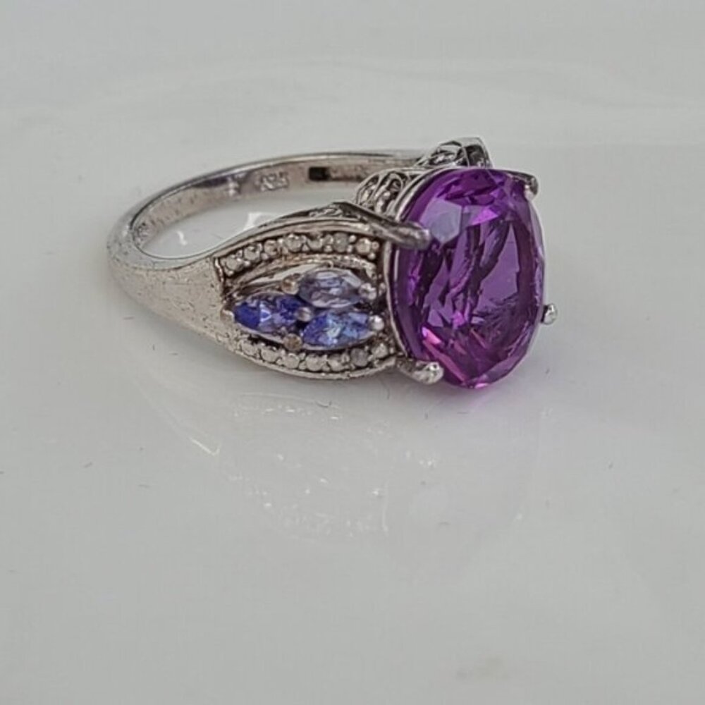 Vintage Boho Chunky Sterling Silver Purple Amethyst Tanzanite Oval Crystal Ring - Picture 8 of 8